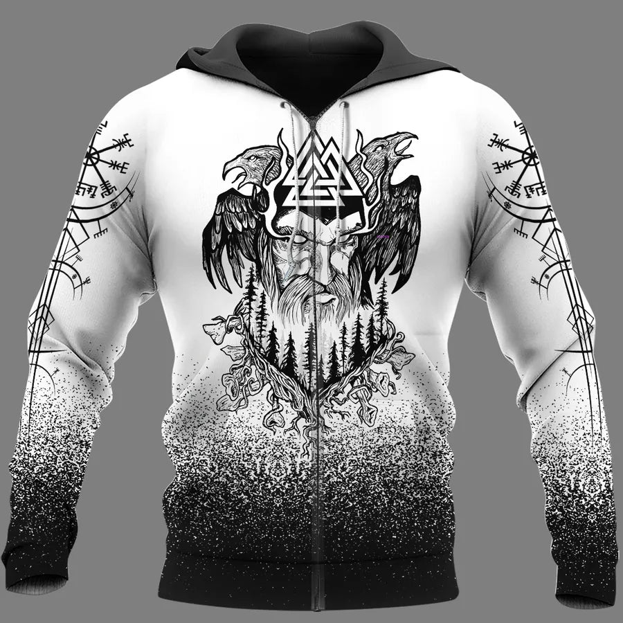 Viking Hoodie With Raven Odin And Mjölnir Legendary