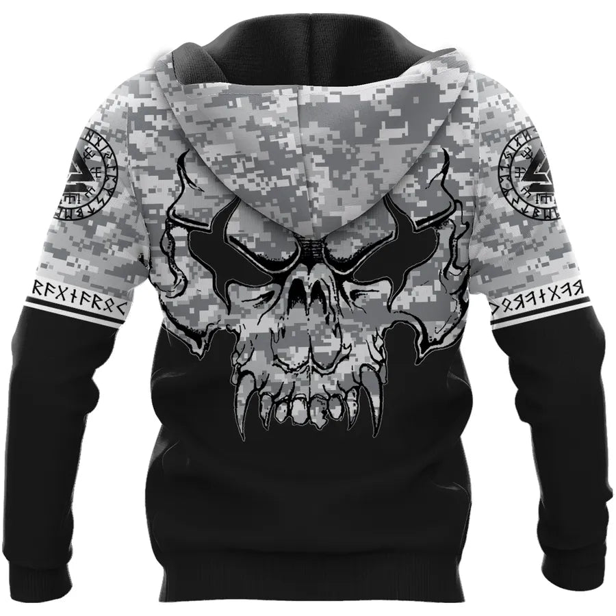 Viking Hoodie – Viking Skull Drawing with Camouflage Pattern