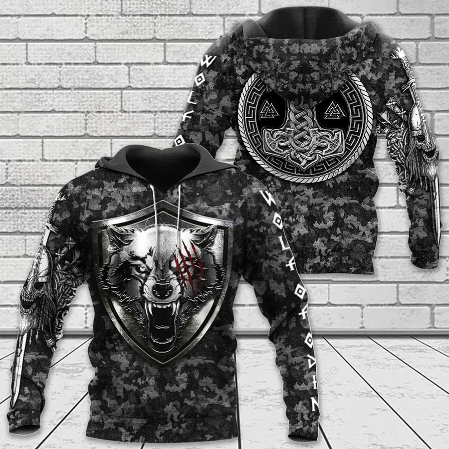 Camo Viking Hoodie with Norse Wolf Symbol and Hammer of Thor