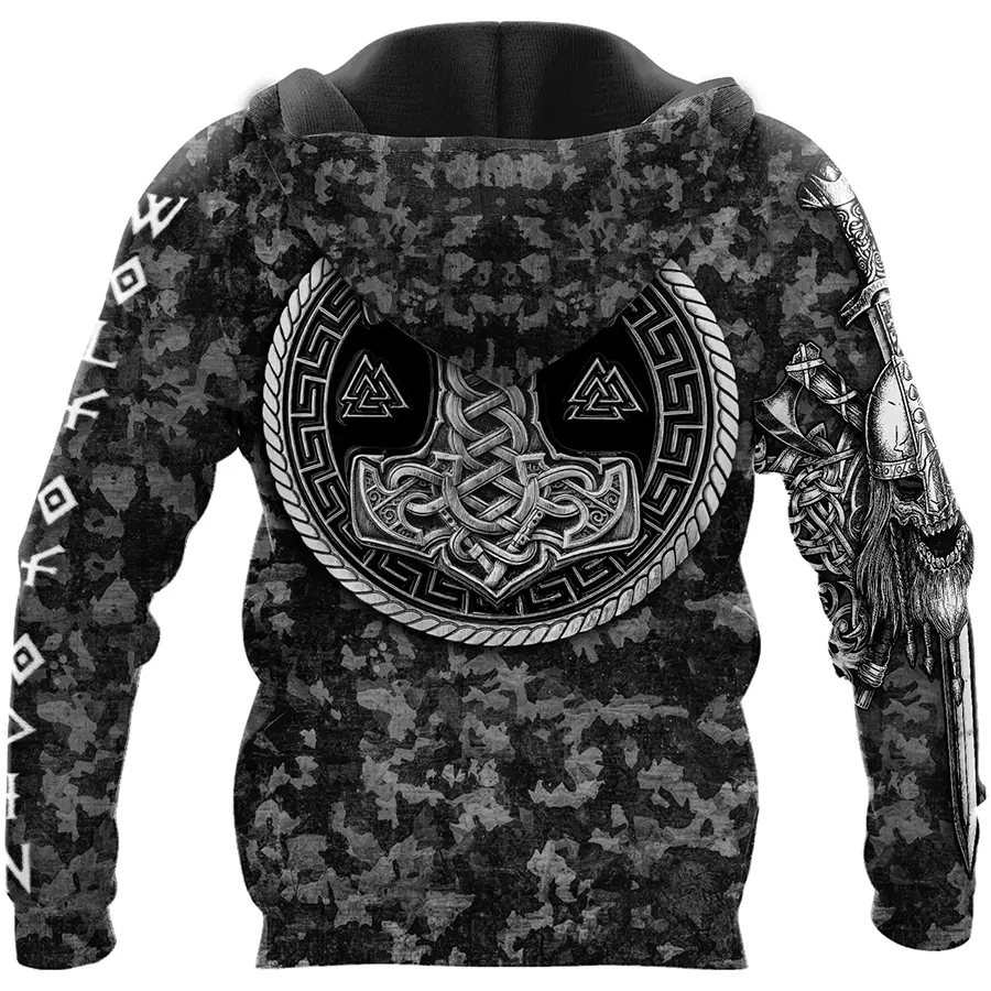 Camo Viking Hoodie with Norse Wolf Symbol and Hammer of Thor