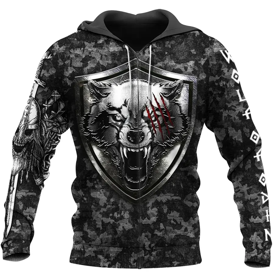 Camo Viking Hoodie with Norse Wolf Symbol and Hammer of Thor