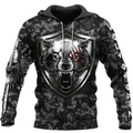 Camo Viking Hoodie with Norse Wolf Symbol and Hammer of Thor