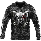 Camo Viking Hoodie with Norse Wolf Symbol and Hammer of Thor
