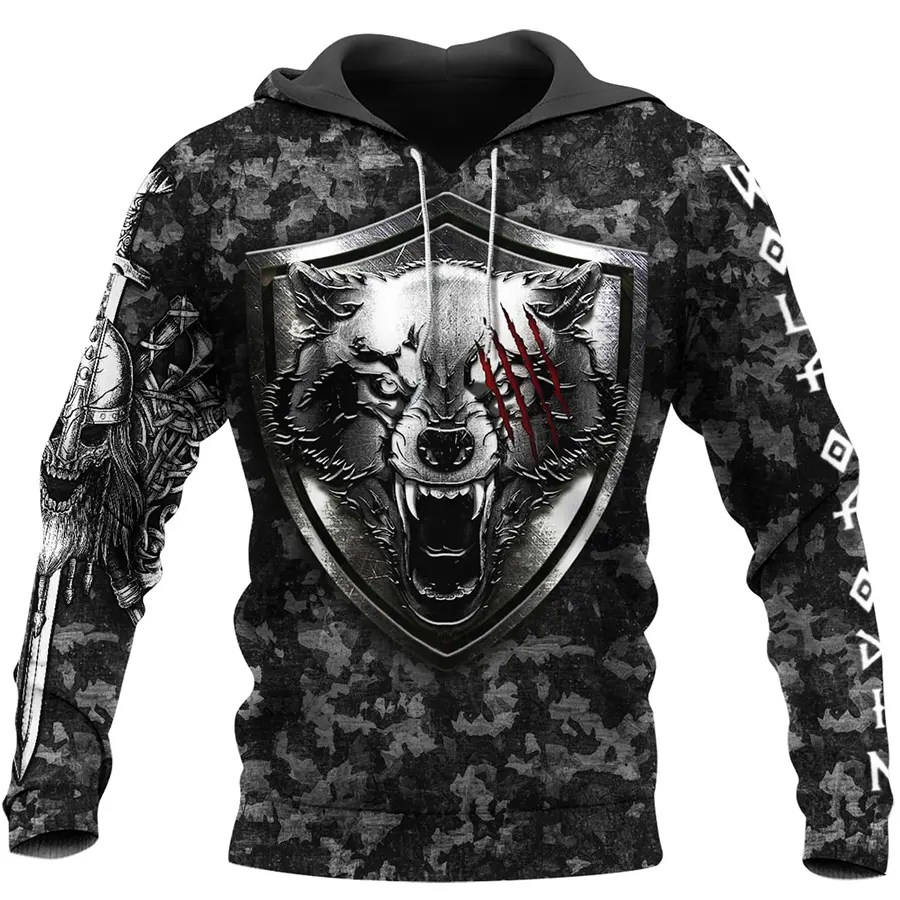 Camo Viking Hoodie with Norse Wolf Symbol and Hammer of Thor