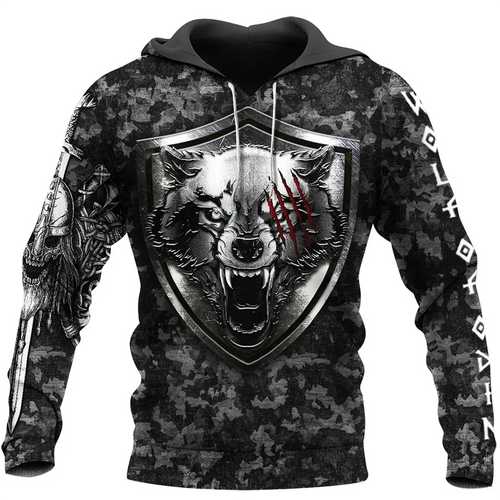 Camo Viking Hoodie with Norse Wolf Symbol and Hammer of Thor