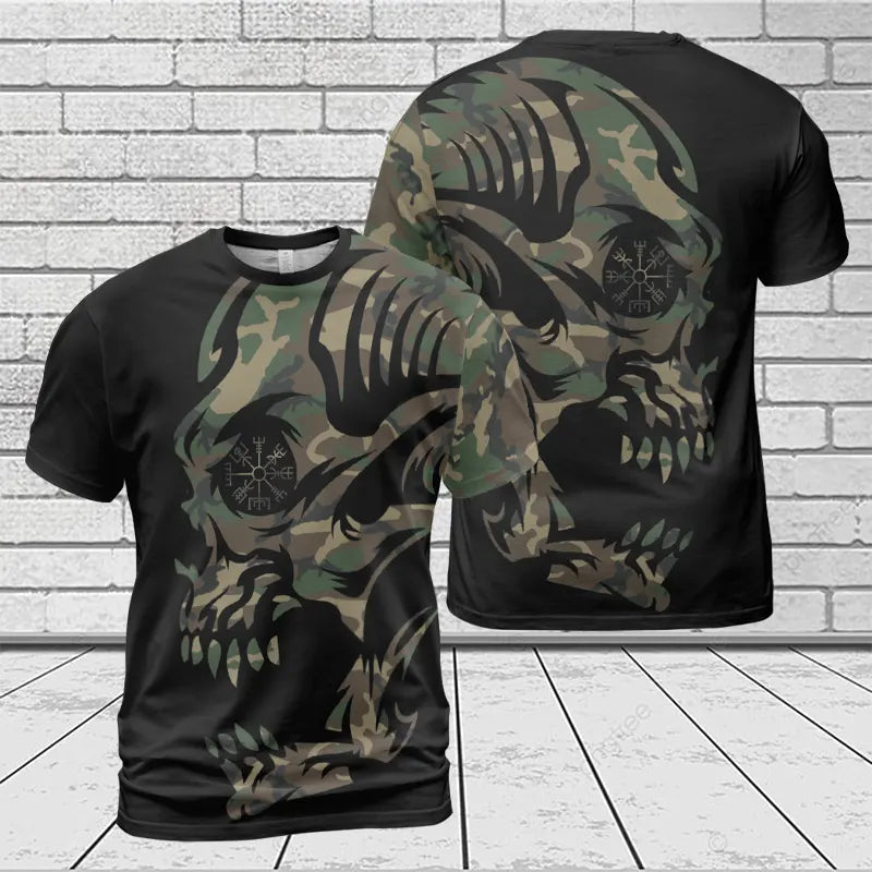 Norse T-Shirt Viking Skull Drawing with Vegvisir Symbol Camo