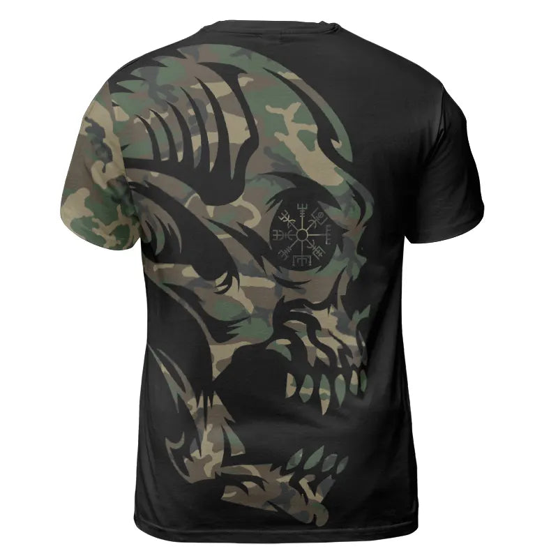 Norse T-Shirt Viking Skull Drawing with Vegvisir Symbol Camo
