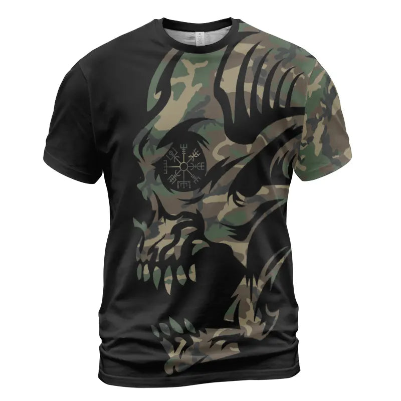 Norse T-Shirt Viking Skull Drawing with Vegvisir Symbol Camo