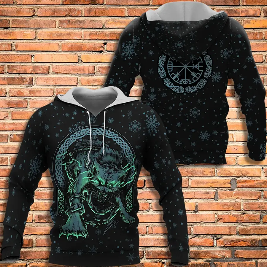 Viking Hoodie Fenrir Art and Vegvisir Symbol