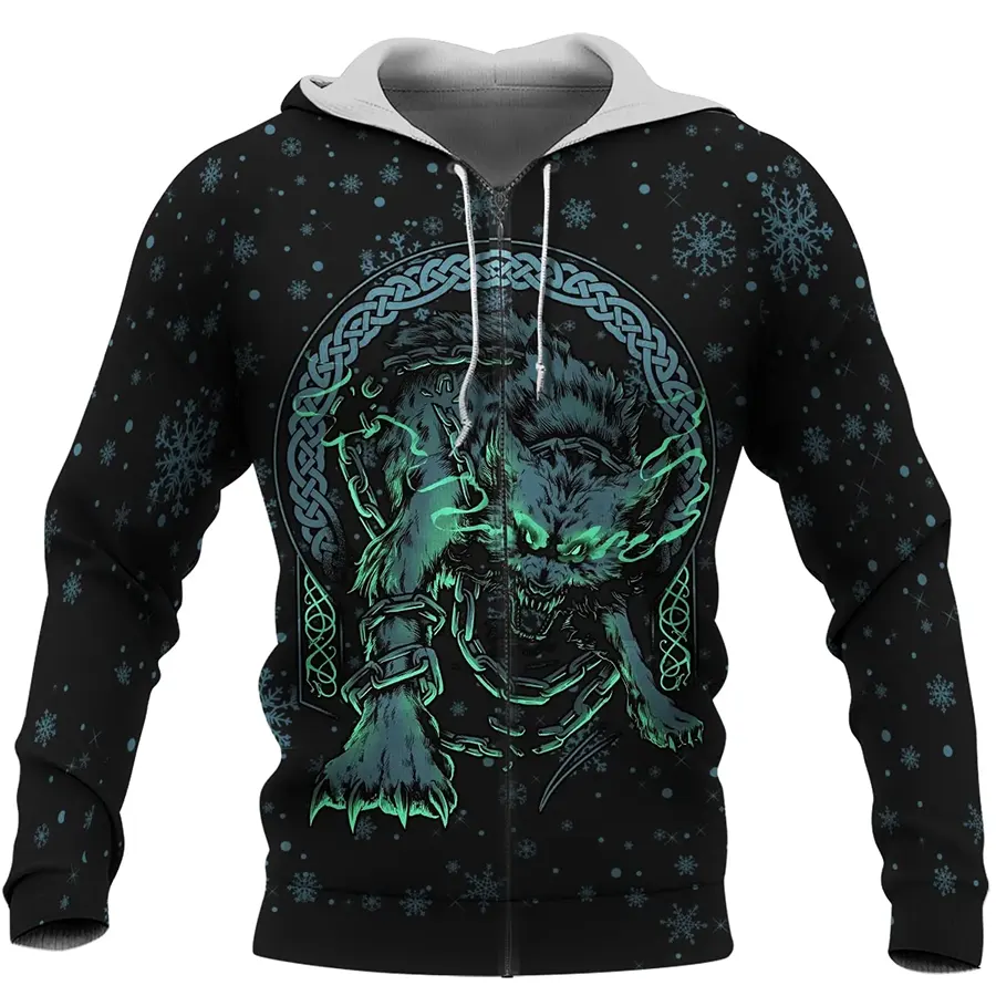 Viking Hoodie Fenrir Art and Vegvisir Symbol