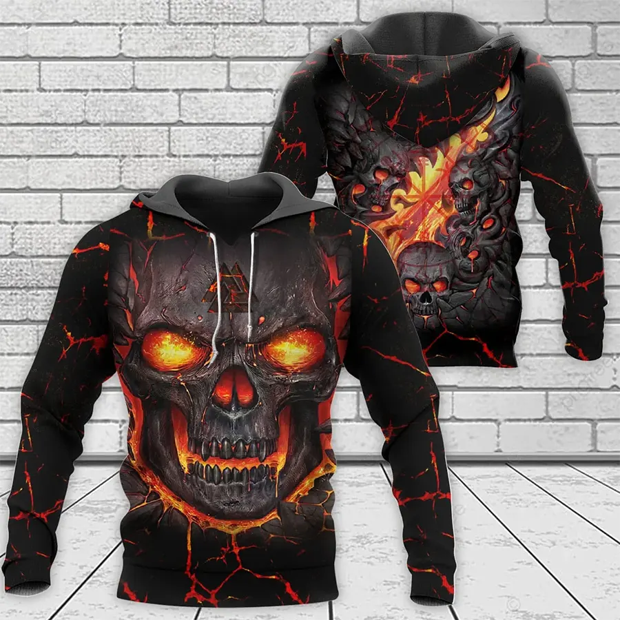 Viking Hoodie Flaming Occult Skull Valknut Warrior