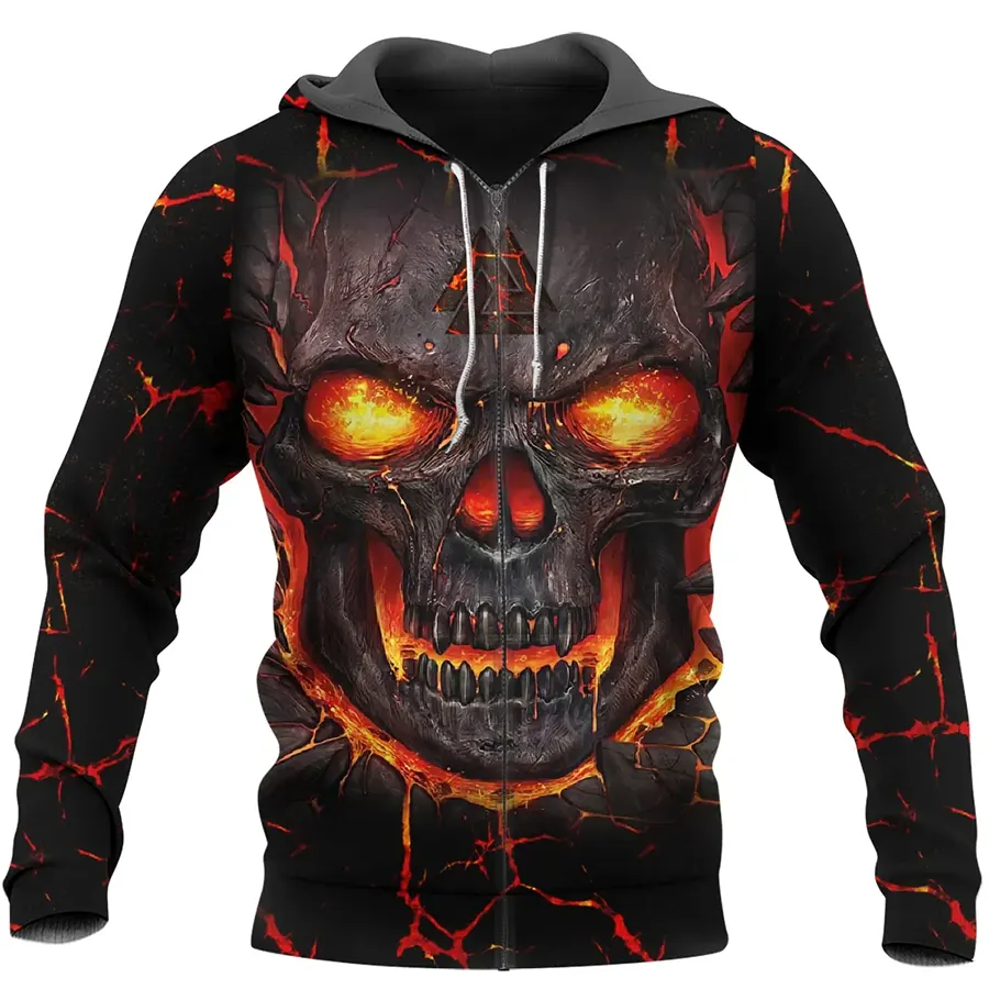 Viking Hoodie Flaming Occult Skull Valknut Warrior