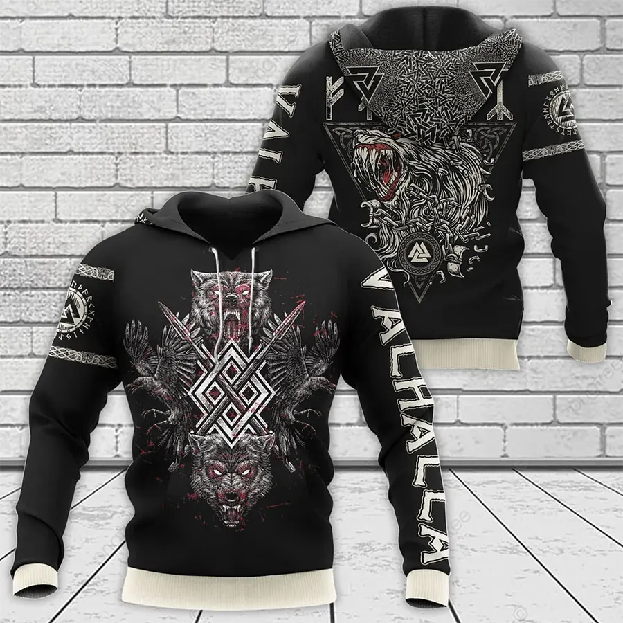 Viking Hoodie Norse Raven and Norse Wolf Art