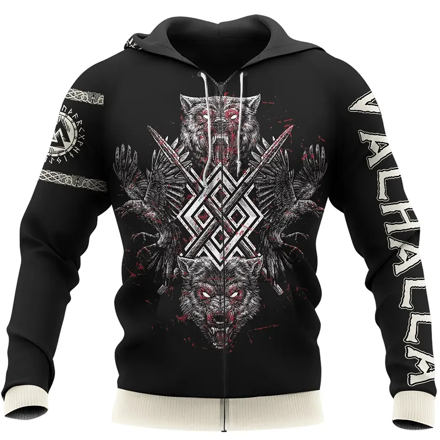 Viking Hoodie Norse Raven and Norse Wolf Art