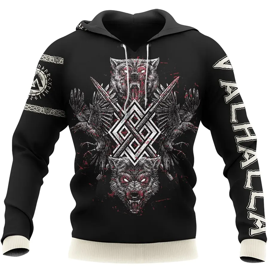 Viking Hoodie Norse Raven and Norse Wolf Art