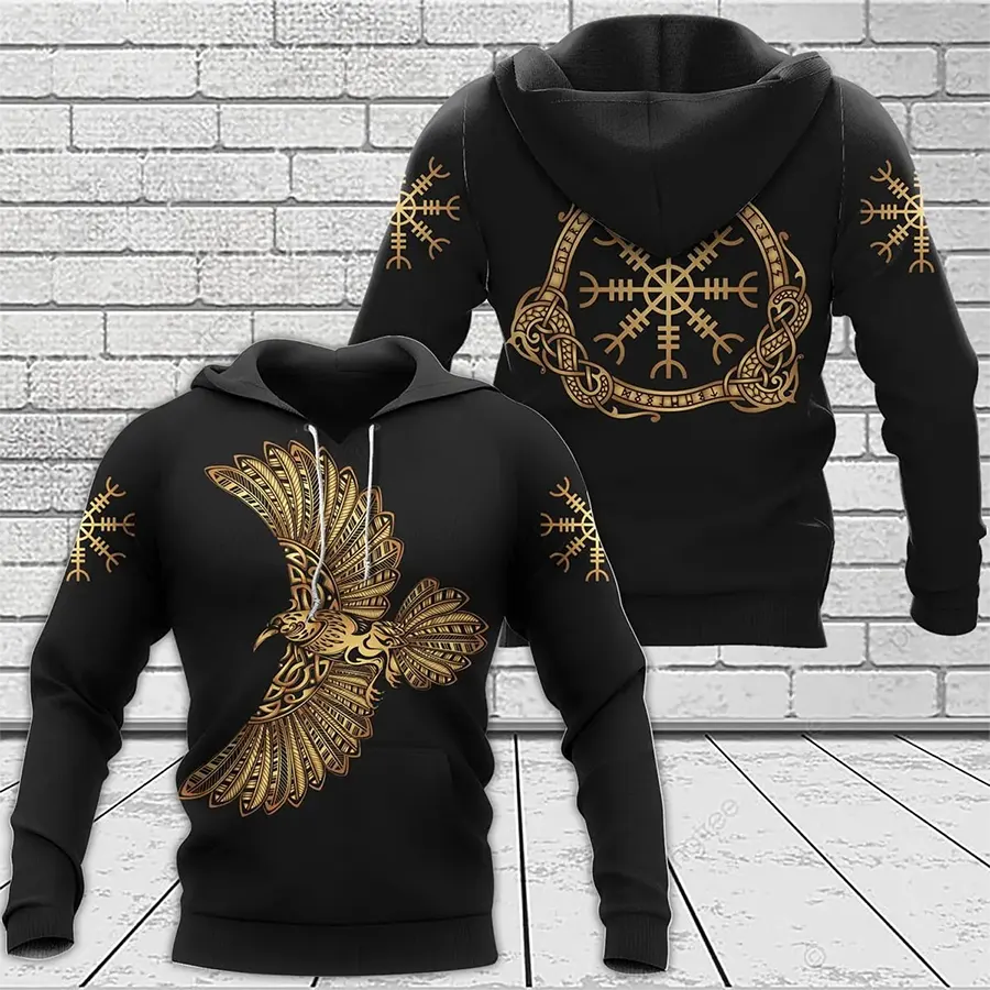 Viking Hoodie Norse Raven Design in Gold