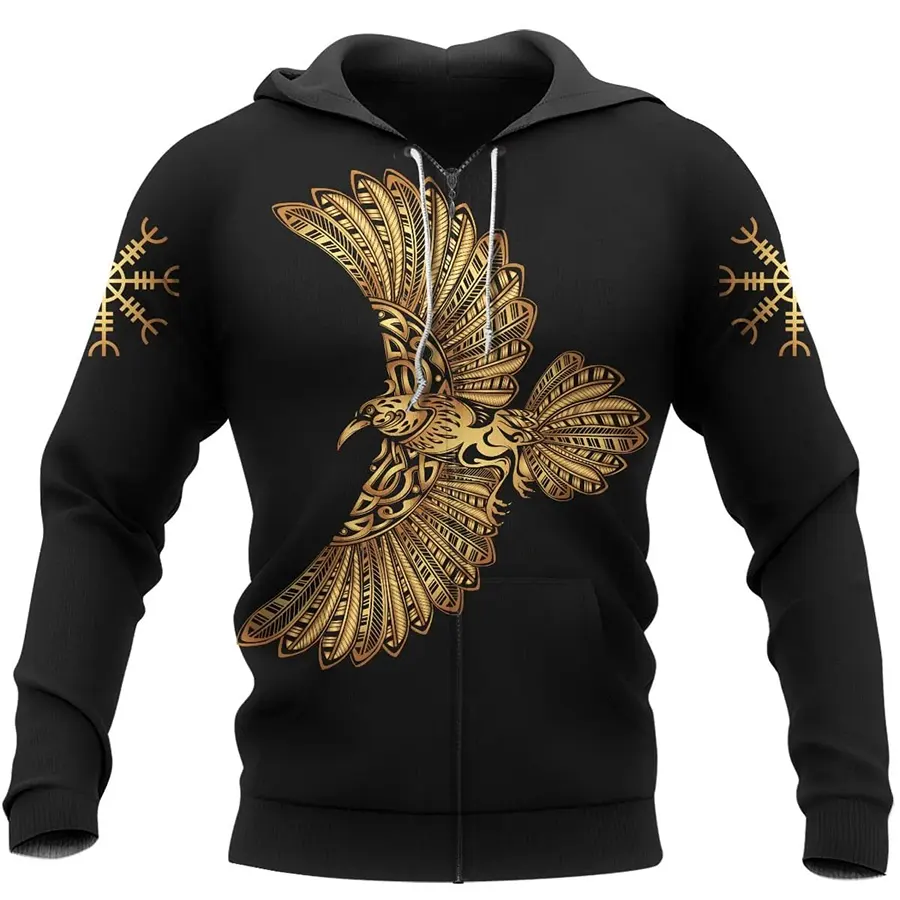 Viking Hoodie Norse Raven Design in Gold