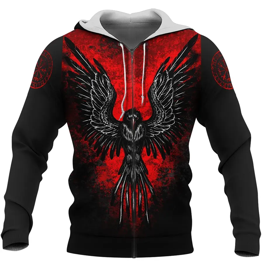 Viking Hoodie Norse Raven Design with Flaming Spirit