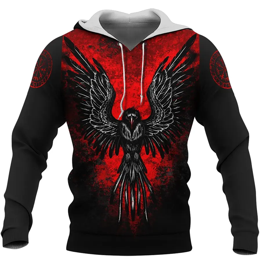 Viking Hoodie Norse Raven Design with Flaming Spirit