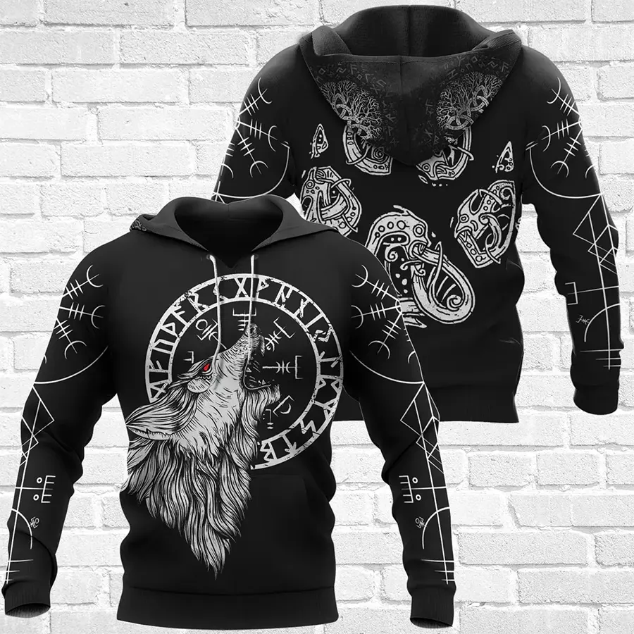 Viking Hoodie Norse Wolf Art and Vegvisir Symbol