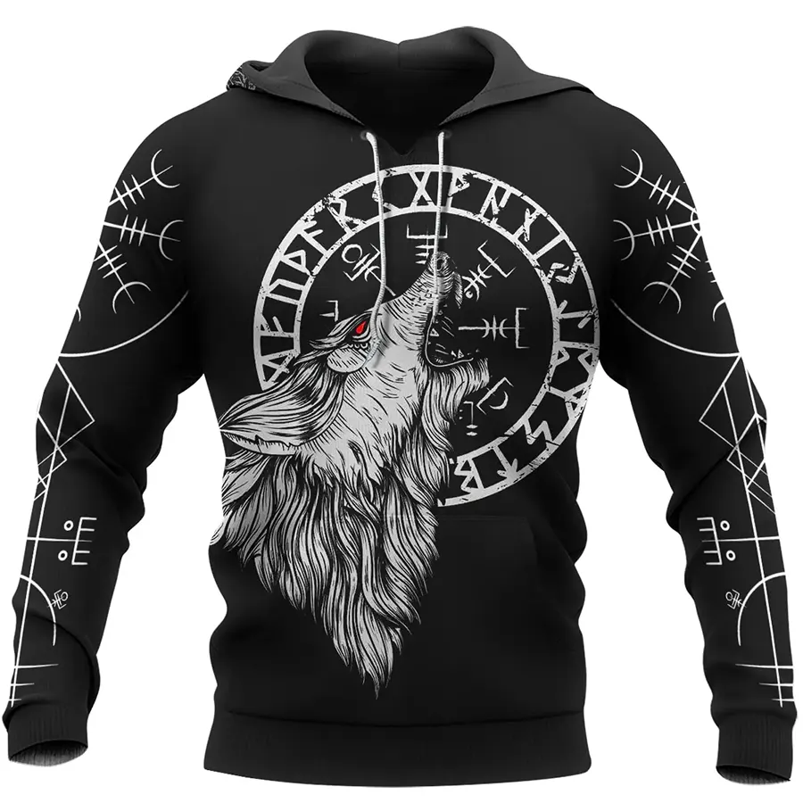 Viking Hoodie Norse Wolf Art and Vegvisir Symbol