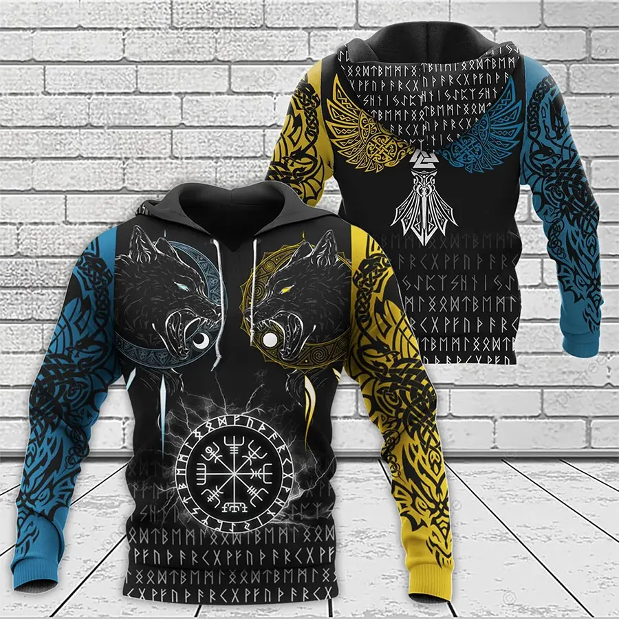 Viking Hoodie Norse Wolf Vegvisir Symbol and Viking Celtic Raven