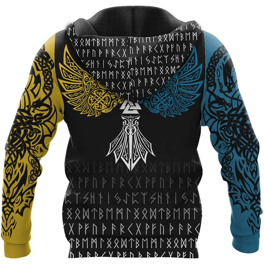 Viking Hoodie Norse Wolf Vegvisir Symbol and Viking Celtic Raven