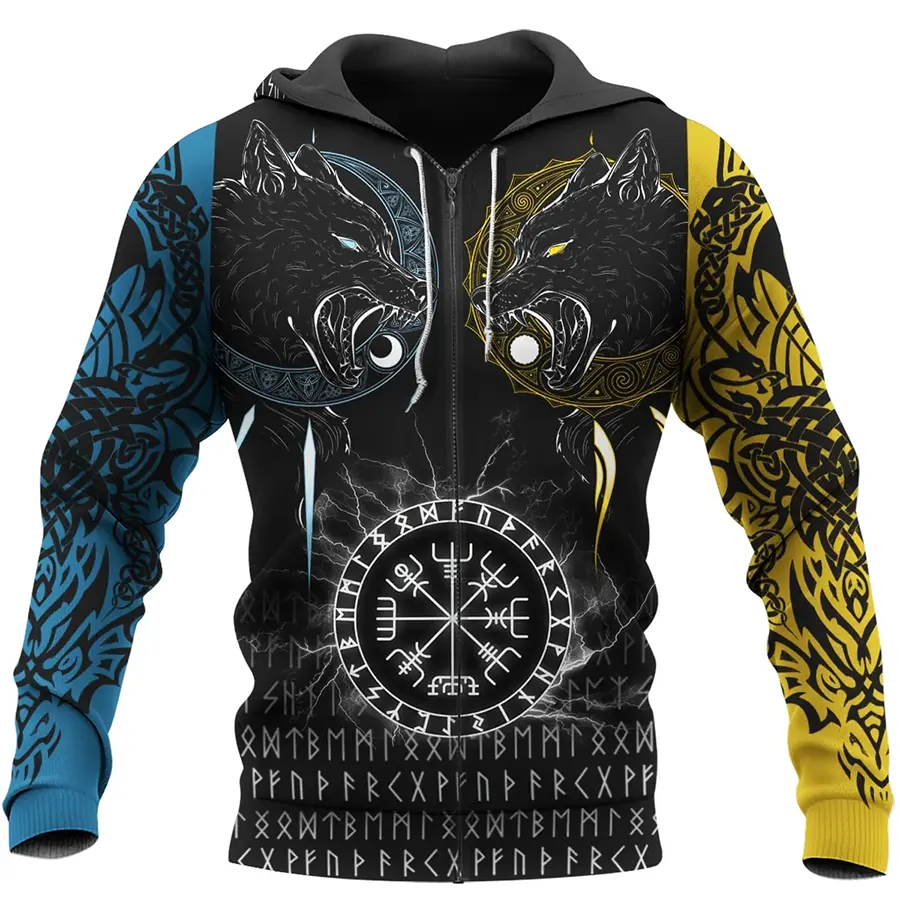 Viking Hoodie Norse Wolf Vegvisir Symbol and Viking Celtic Raven