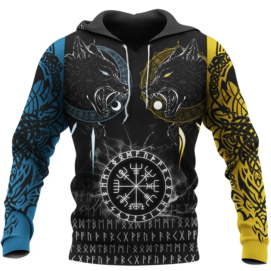 Viking Hoodie Norse Wolf Vegvisir Symbol and Viking Celtic Raven