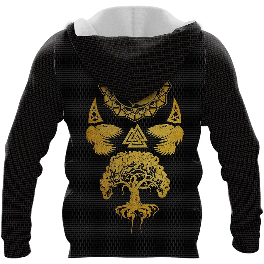 Viking Hoodie Raven and Yin Yang Wolf Yggdrasil Gold
