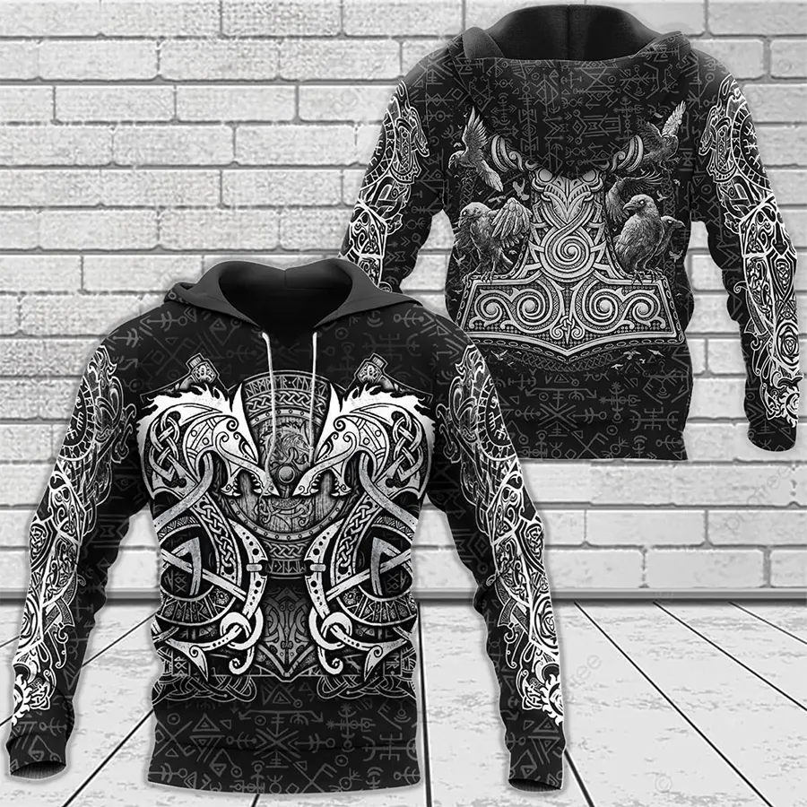 Viking Hoodie Warrior Fenrir Symbol Norse Raven Mjolnir Art