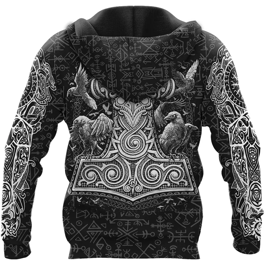 Viking Hoodie Warrior Fenrir Symbol Norse Raven Mjolnir Art