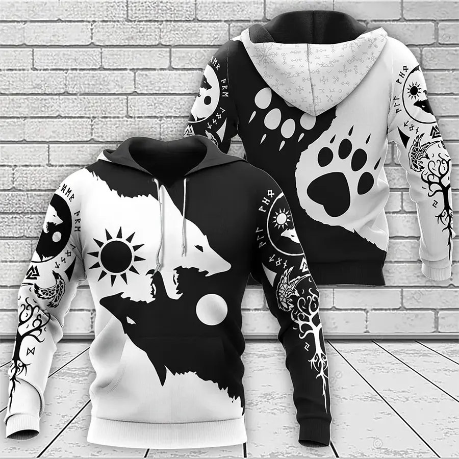 Viking Hoodie Yin Yang Geri and Freki Wolves Balance