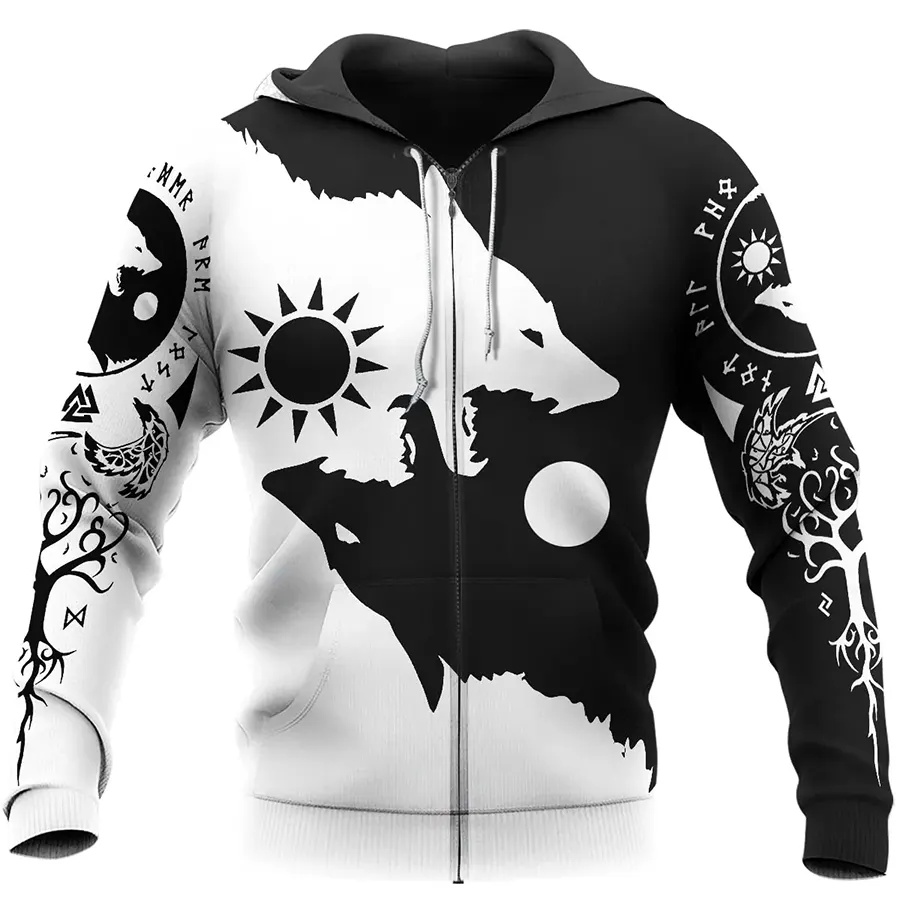 Viking Hoodie Yin Yang Geri and Freki Wolves Balance
