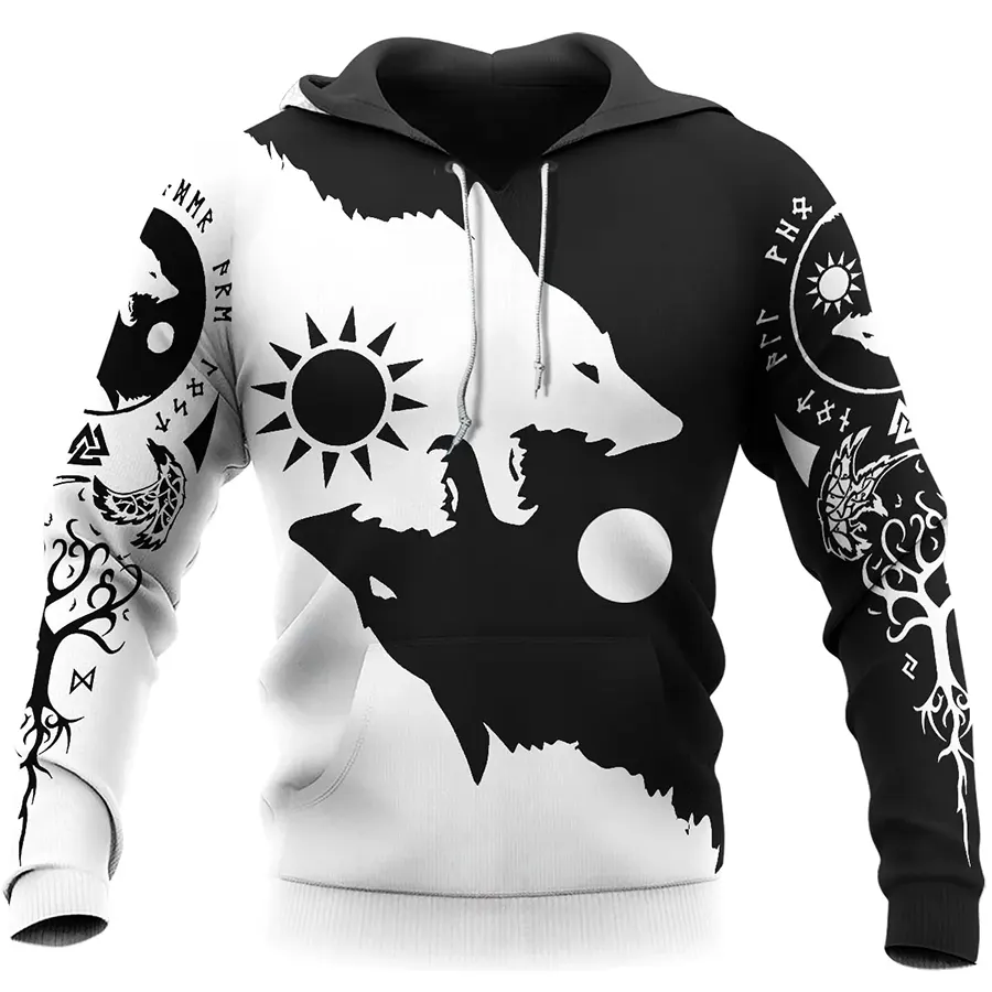 Viking Hoodie Yin Yang Geri and Freki Wolves Balance