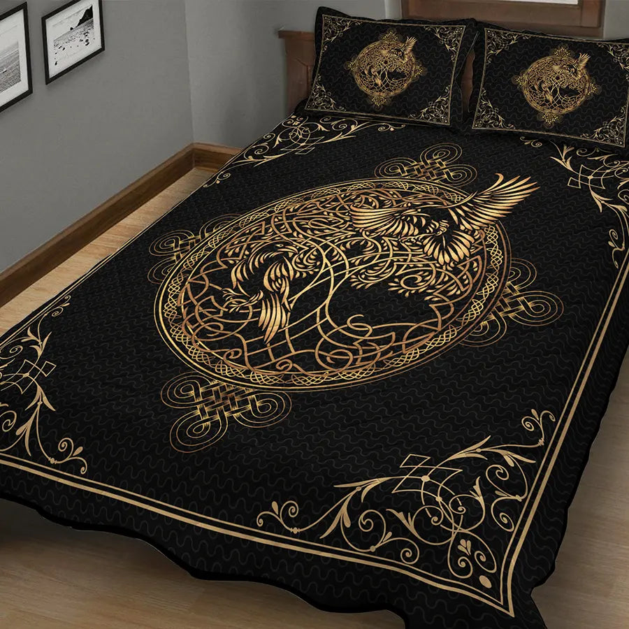 Viking Quilt Bedding Set Celtic Tree of Life with Raven