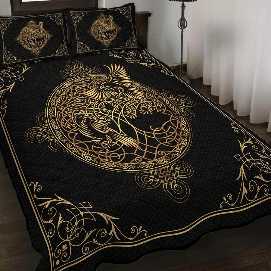 Viking Quilt Bedding Set Celtic Tree of Life with Raven