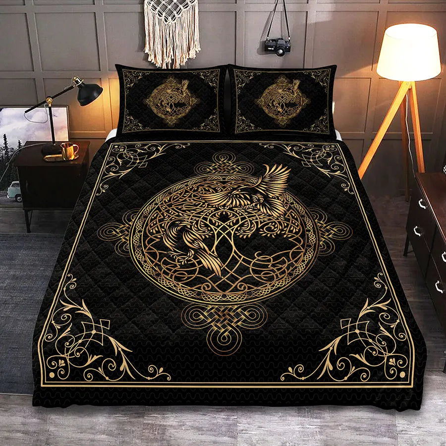 Viking Quilt Bedding Set Celtic Tree of Life with Raven