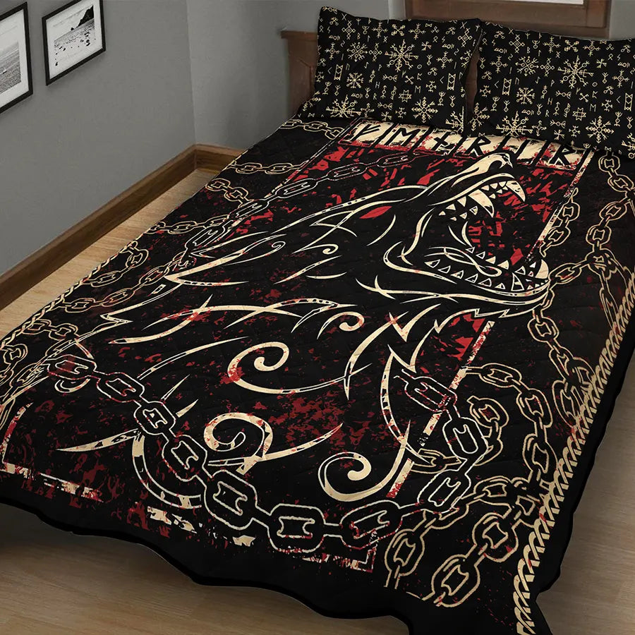 Viking Quilt Bedding Set Chained Fenrir Rune Art