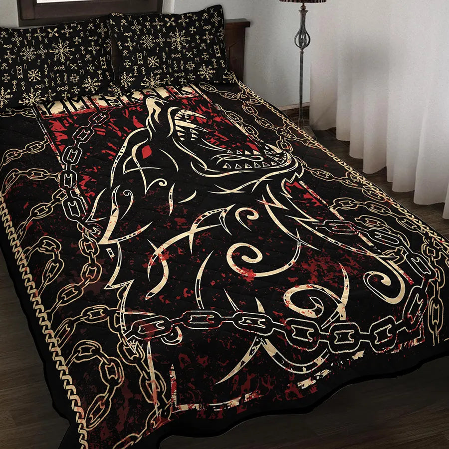 Viking Quilt Bedding Set Chained Fenrir Rune Art