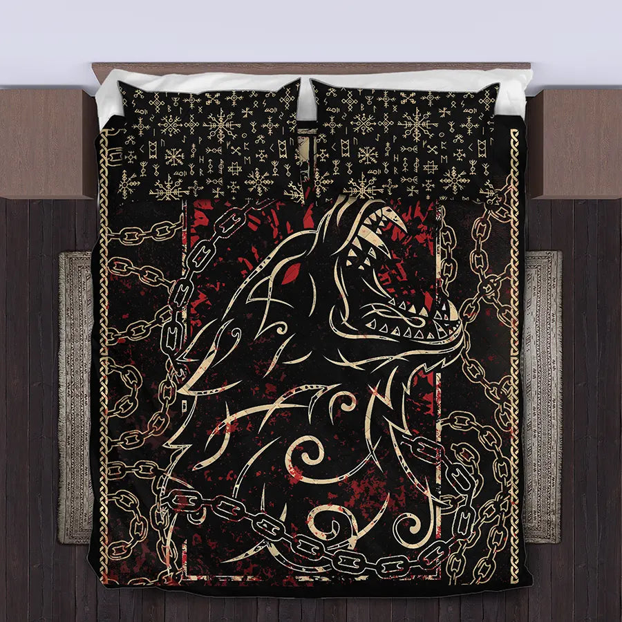 Viking Quilt Bedding Set Chained Fenrir Rune Art