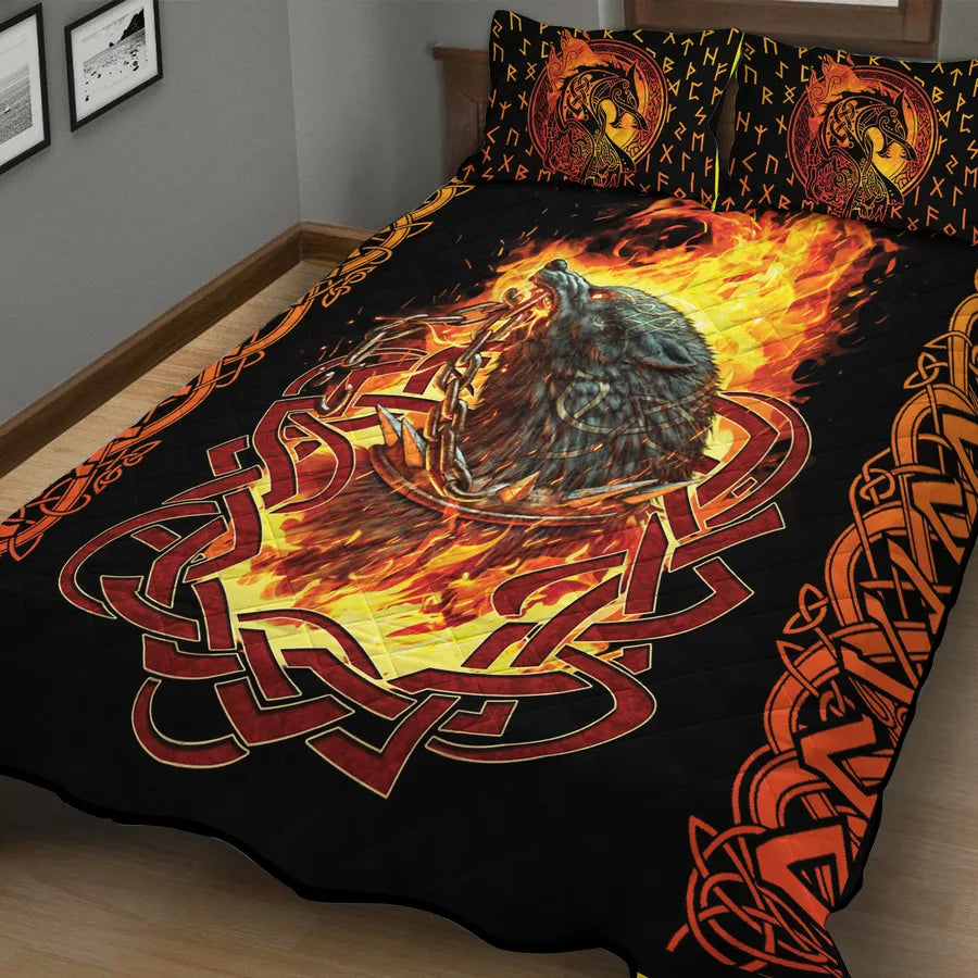 Viking Quilt Bedding Set Fenrir Art in Flame Design
