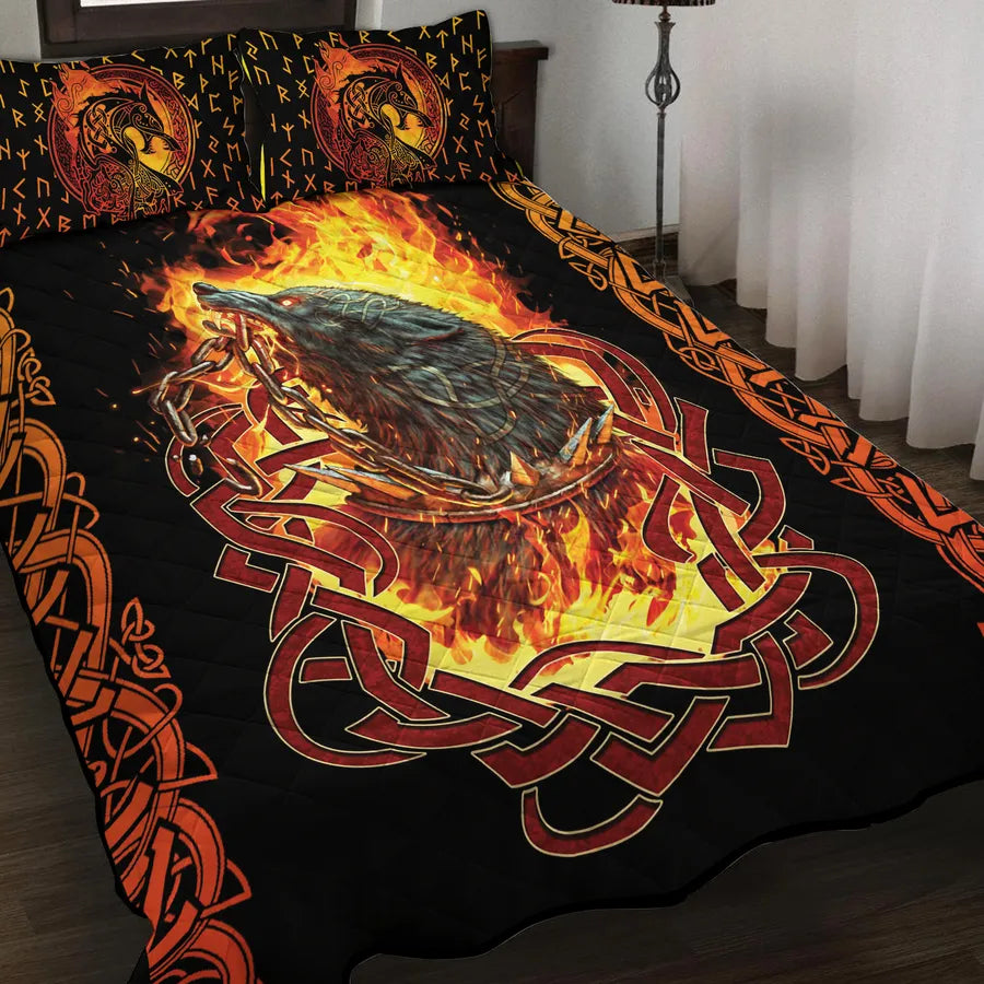 Viking Quilt Bedding Set Fenrir Art in Flame Design