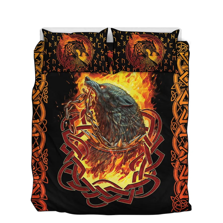 Viking Quilt Bedding Set Fenrir Art in Flame Design