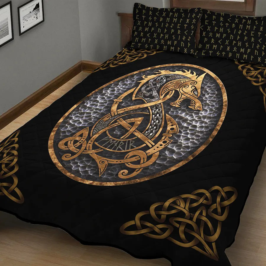 Viking Quilt Bedding Set with Fenrir Art and Rune Symbols