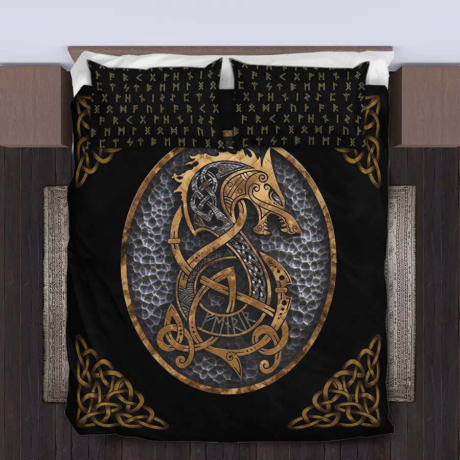 Viking Quilt Bedding Set with Fenrir Art and Rune Symbols