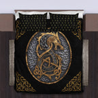 Viking Quilt Bedding Set with Fenrir Art and Rune Symbols