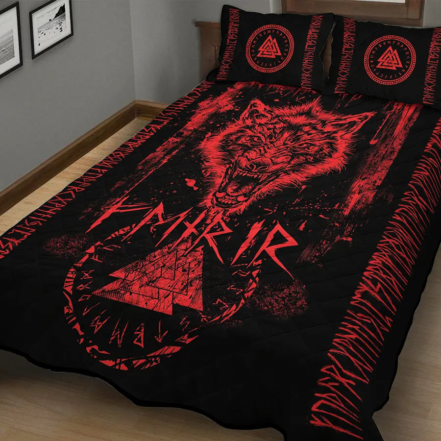 Viking Quilt Bedding Set Fenrir Artwork and Rune