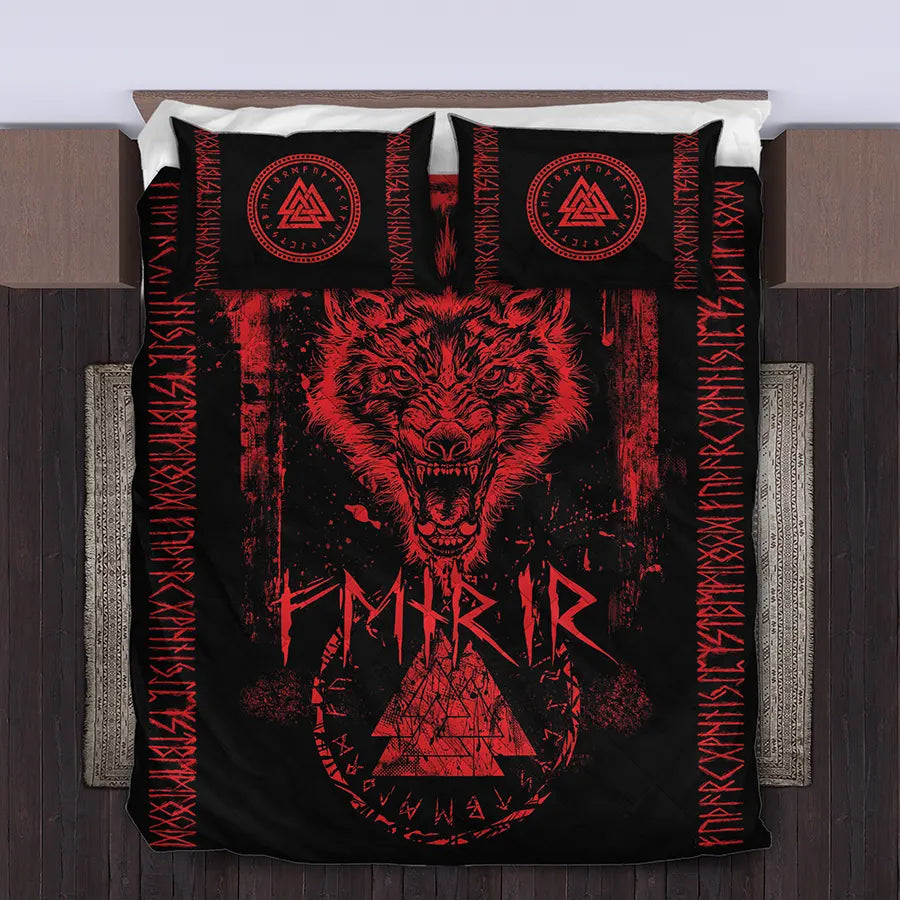 Viking Quilt Bedding Set Fenrir Artwork and Rune