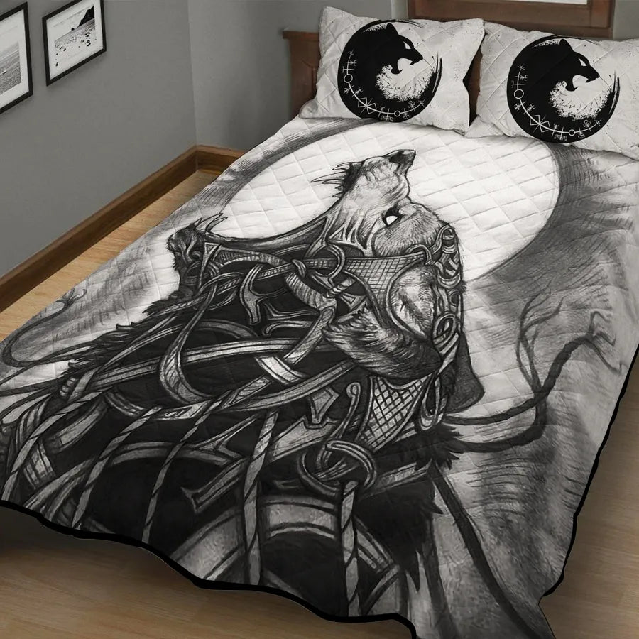 Viking Quilt Bedding Set Fenrir Drawing Norse Fury